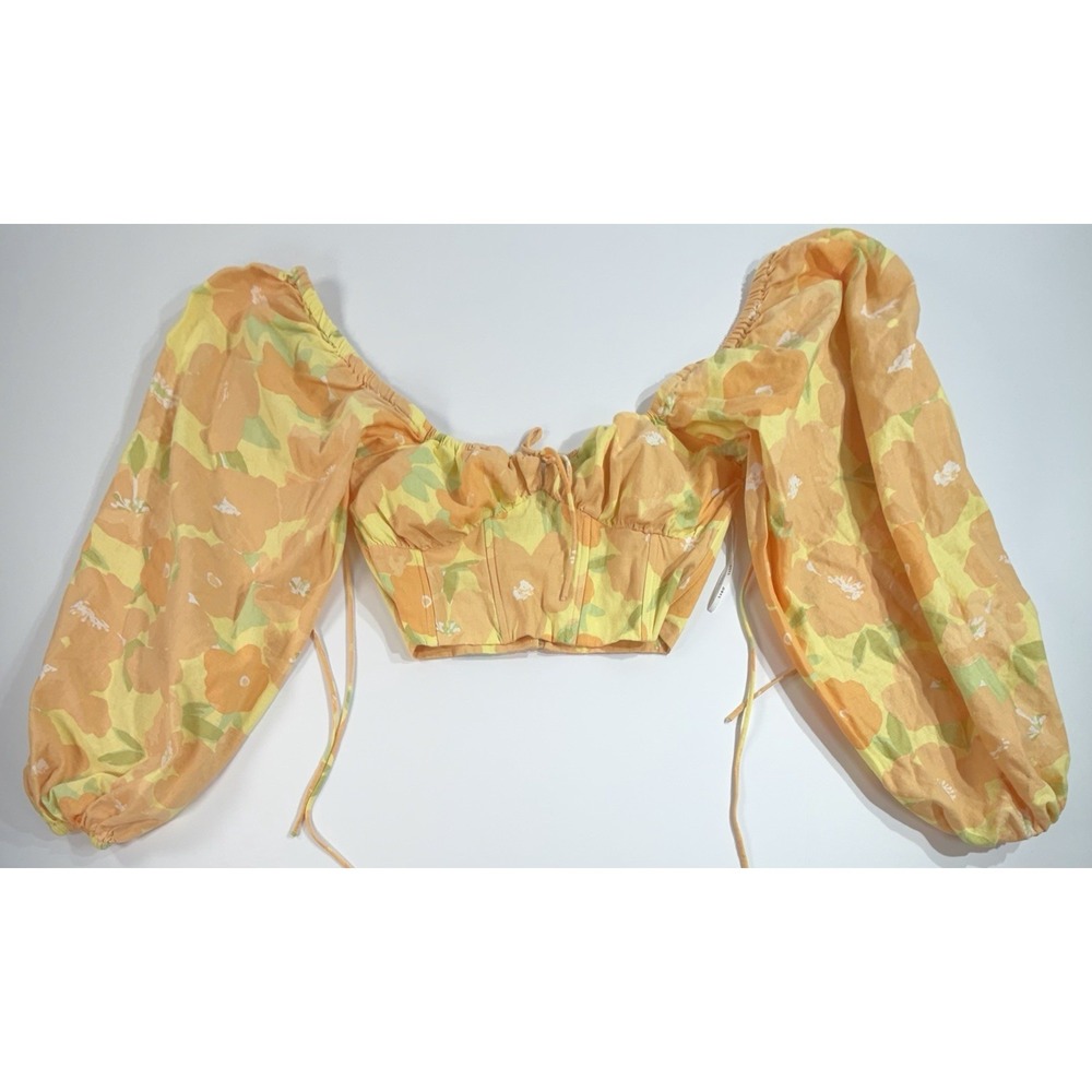 SABO Orange Yellow Floral Puff Sleeve Crop Top Corset Style Womens M